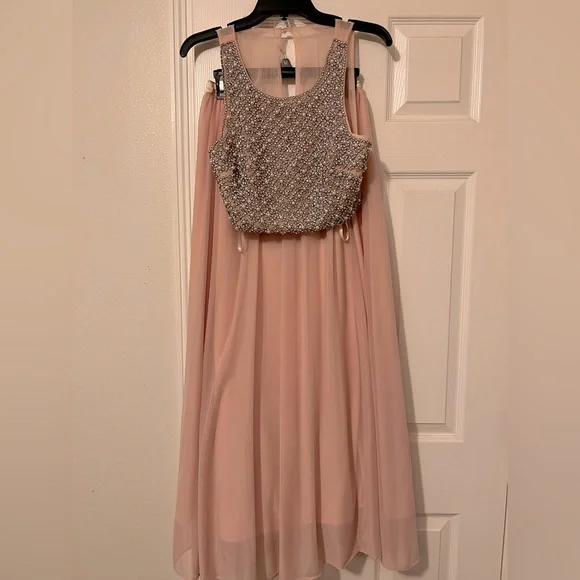 light pink two piece dress Two Piece High Low Lace Top Pink Long Prom Dresses, Two Pieces Lace Pink Formal Dresses, Pink Lace Evening Dresses